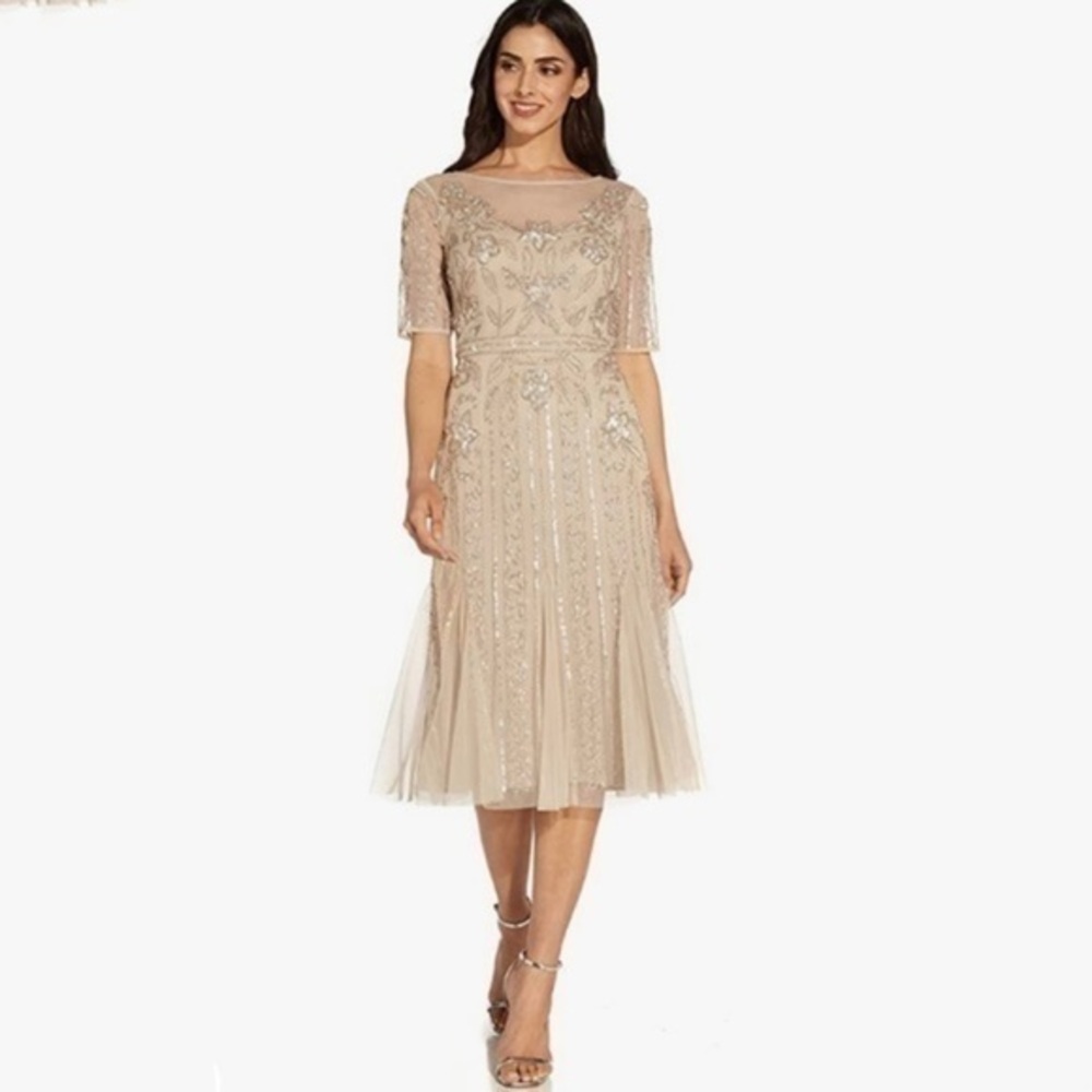 Adrianna Papell Illusion Beaded Mesh Boat Neck Short Sleeve Dress in Biscotti